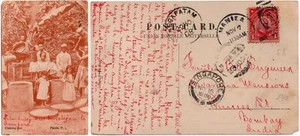 Filippine Stati Uniti 1908 cartolina fotografica PPC via Singapore a Bombay India - Foto 1 di 3