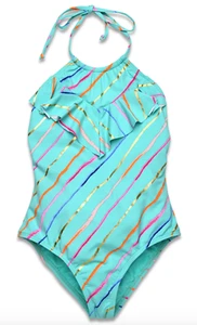 Hobie A7120 Girls Sea Green Ruffle Halter One Piece Swimsuit Size 10 - Picture 1 of 3
