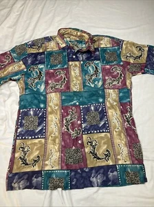 Vintage Burma Bibas All Over Print Color Block Kurzarm Knopfleiste Gr. Medium - Bild 1 von 3