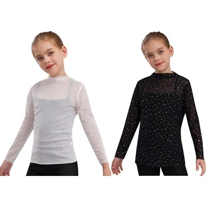 Kids Girls Tops Dance T-shirt Gymnastics Dancewear Long Sleeve Sheer Pullover - Picture 1 of 32