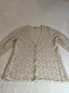 Vintage Crochet Ecru Beige Cardigan Size M Button Up - Picture 1 of 15