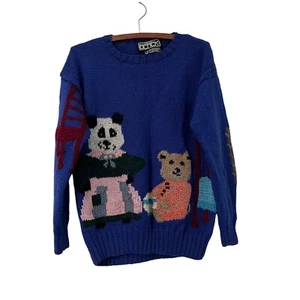 Vintage Berek Royal Blue Childrens Toys Elbow Patch Hand Knit Wool Sweater SZ L - Picture 1 of 6