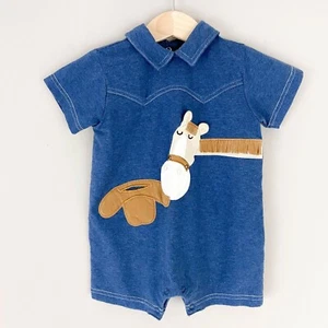 Le Top Blue Horse Romper short sleeve Outfit 3 months - Picture 1 of 3
