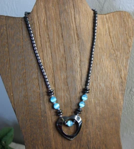 Hematite Heart Blue Tiger Eye 16" Necklace - Picture 1 of 7