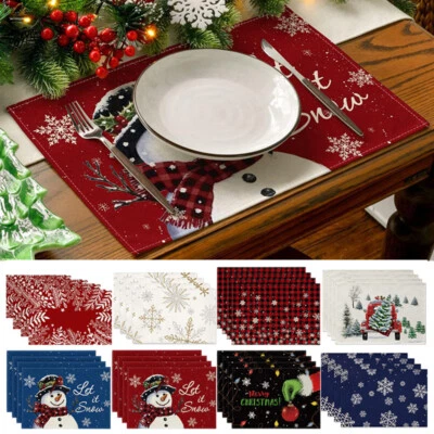 4pcs Christmas Linen Placemat Dining Table Mats Insulated Tableware Xmas Decor - Image 1 of 4