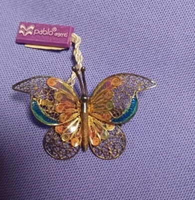 Spilla Farfalla In Filigrana in Argento bagnata nell'oro  E Smalto VINTAGE - Immagine 1 di 4