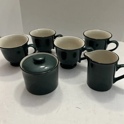 Gibson Designs Ceramic Creamer/Sugar Set/ Spruce Green W4 Footed Coffee Cups - Image 1 of 4