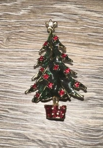 Spilla spilla albero di Natale vintage, colore oro, verde con cristalli tondi rossi - Foto 1 di 4