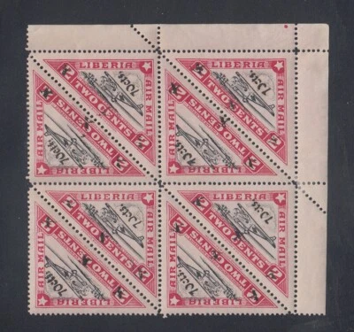 Liberia # C48B Block 7 MHN 1944-45 Airplane Triangle Sismondo Cert CV MH $560! - Image 1 of 3