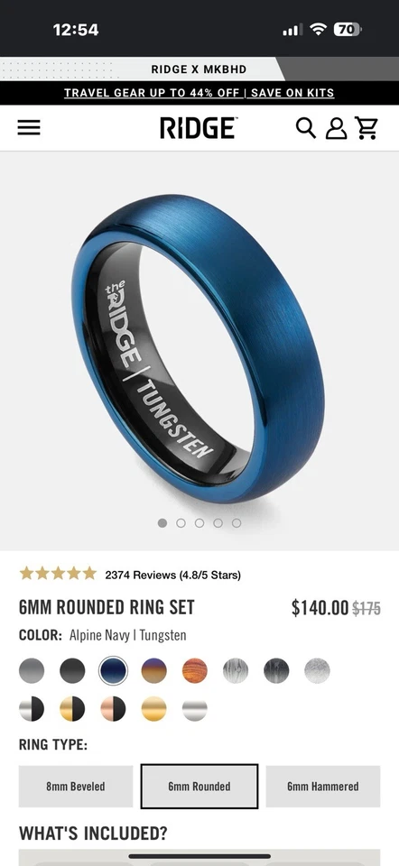 Anillo The Ridge azul alpino tungsteno 6 mm redondeado tamaño 8,5 con anillo de silicona y estuche Foto 1 de 3