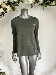 Womens Joules Bee Top Lottie Size 10 Green Grey Bee Print Long Sleeve NEW OC49 - Picture 1 of 24
