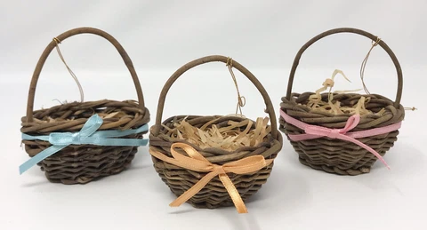 Vintage Miniature Easter Spring Wicker Baskets Dark Brown Ornaments W/ Ribbon Cover