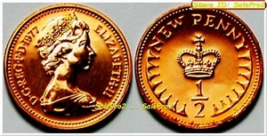 GREAT BRITAIN 1977 BRITISH CROWN QUEEN ELIZABETH UK 1/2 PENNY COPPER COIN UNC - Picture 1 of 2