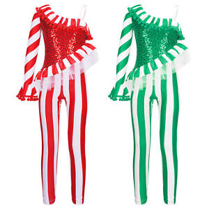 Kid Girls Cane Dance Jumpsuit Santa Sweetie Outfits Circus Show Holidays Costume