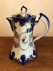Vintage Hand-painted Porcelain Pitcher/Chocolate Pot-cobalt blue, pink floral
