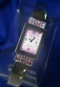 GNW PINK RHINESTONE SILVER TONE CUFF HINGED BANGLE Watch new battery A23 - Picture 1 of 8