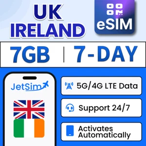 Wielka Brytania i Irlandia eSIM - 7GB High-Speed (1 GB / dzień), 7-dniowa JetSim / podróż - Zdjęcie 1 z 6