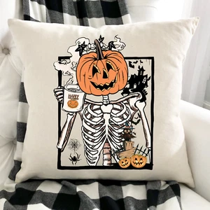 Pillow Cover, Halloween Skeleton, Coffee, Indoor/Outdoor Halloween, 16x16" - Picture 1 of 3