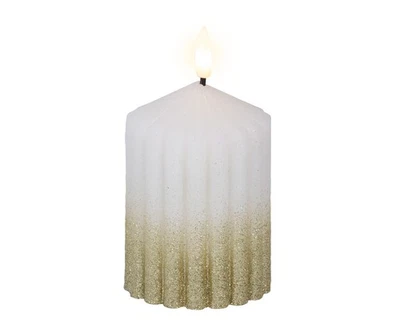 LED Kerze mit Timerfunktion 7x10cm Wachs mit Rillen & Glitzer Weiß Warmweiß - Bild 1 von 3
