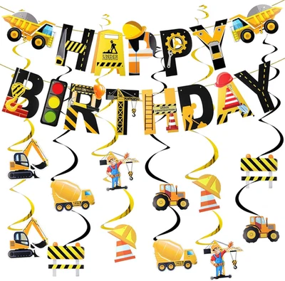 27 Pcs Construction Happy Birthday Banner Truck Theme Hanging Swirls Vehicle Tru - Image 1 of 4