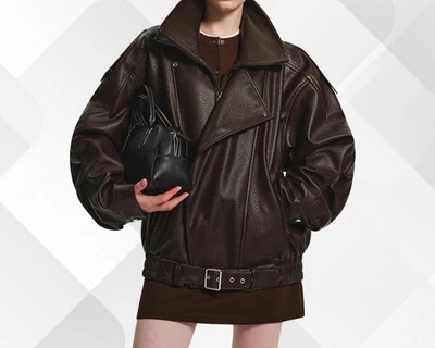 女士手工复古棕色皮革机车夹克:超大轰炸机风格 — 第 1/4 张图片