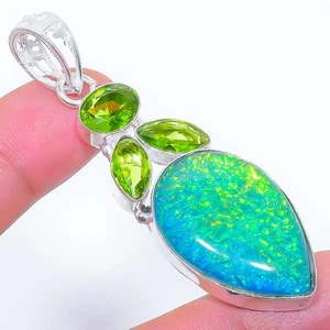 Blu Rutilo Quarzo, Peridoto Gemma 925 Argento Sterling Ciondolo Gioielli 6.6cm - Foto 1 di 5