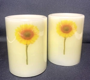 LUMABASE FLICKERING LED REAL WAX CANDLE PRINTED SUNFLOWER AMBER GLOW SET OF 2 4" - Picture 1 of 5