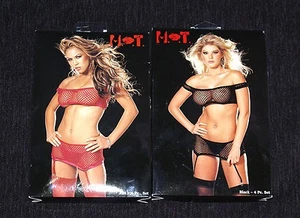 Set di reti da carico 3 pezzi con top, gonna con giarrettiere e calze rosso bianco nero - Foto 1 di 5
