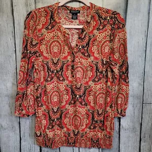 Lucky Brand Top Womens Medium Orange Red Peasant 3/4 Sleeve Elastic Waist Boho - Picture 1 of 10