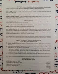 Vintage 1985 Magnavox Compact Disc Player Limited Warranty Sheet EL3586-3 - Bild 1 von 2