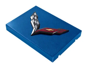 C7 Corvette Blue Carbon Fiber Fuse Box Cover w/ Black Crossed Flags Emblem - Picture 1 of 2