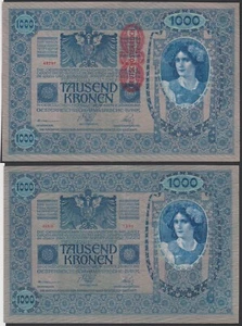 Austria 1000 kronen 1902 1919 DÖ P59 Same Front & Back Block 1580 aVF/XF - Picture 1 of 8