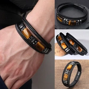 Tiger Eye Black Leather Bracelet Men Energy Crystal Stone Healing Reiki Gift - Picture 1 of 6