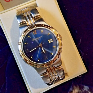 Gruen NOS Precision SS Date Quartz Watch w Original Box Cobalt Blue Face Sz L - Picture 1 of 11