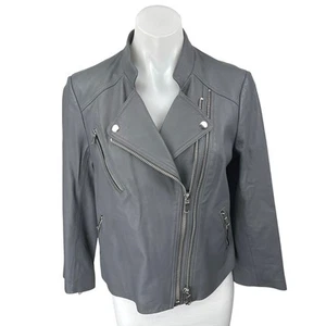 Joie Casella Women's Gray Lamb Leather Asymmetric Zip Moto Biker Coat Jacket L - Picture 1 of 5