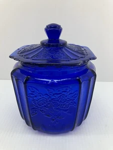 Anchor Hocking Repro Cobalt Blue Glass Biscuit Cookie Jar Mayfair Open Rose - Picture 1 of 10