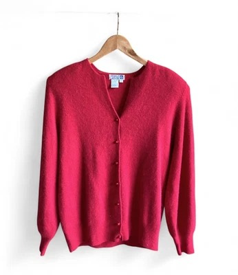 Vtg Adele Joyce Lambswool Angora Red Cardigan Sweater Women L Soft Christmas - Image 1 of 4