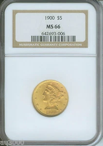 1900 $5 LIBERTY HALF EAGLE NGC MS66 MS-66 SCARCE SUPER GEM GOLD Older Holder !! - Picture 1 of 2