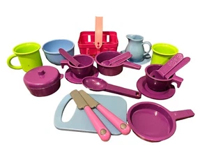Pretend Play Kitchen Dishes Pots Pans Tea Cups Mugs Spoon Knife Fork Lot of 22 - Picture 1 of 13
