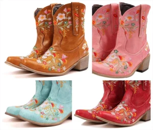 Handmade Western Flower Embroidered Cowgirl Ankle Boots - Picture 1 of 18
