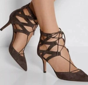 AQUAZZURA Belgravia Dark Chocolate Brown Suede Pointed Toe Zip Lace Up Heels 38 - Picture 1 of 12