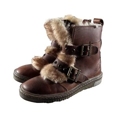 Bearpaw Boots Womens Size 7 Brown Yolanda Sheepskin Fur Leather Boho Moto Buckle - Image 1 of 4
