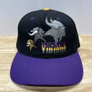 Vintage Minnesota Vikings Snapback Hat Pro Player 3 Logo Spell Out Black Purple - Picture 1 of 13