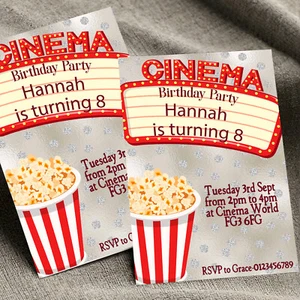 Personalised Cinema Birthday Party Invitations Movie Film Popcorn Invites A6 x10 - Picture 1 of 5