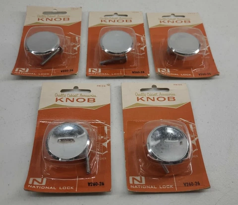 Vintage National Lock Cabinet Knob Lot of 5 Drawer Pulls Round Handle Silver NOS Cover