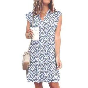 Rasney Kleid Rüschen Flügelärmel Neu mit Etikett $ 65 Etuikleid XL Stretch blau weiß V-Ausschnitt - Bild 1 von 5