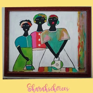 African American Art Sisters Woman  Colorful  30x25  Oil -Acrylic Vintage Frame - Picture 1 of 1