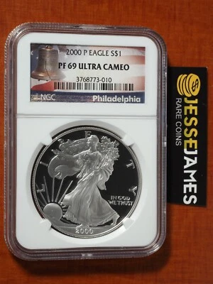 2000 P PROOF SILVER EAGLE NGC PF69 ULTRA CAMEO LIBERTY BELL LABEL - Image 1 of 2