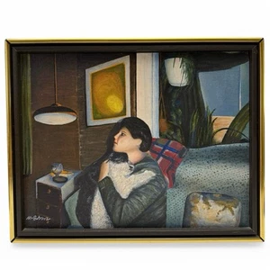Vintage 1985 Original Signed Woman with White Scruffy Dog Painting Framed 11x14 - Bild 1 von 11