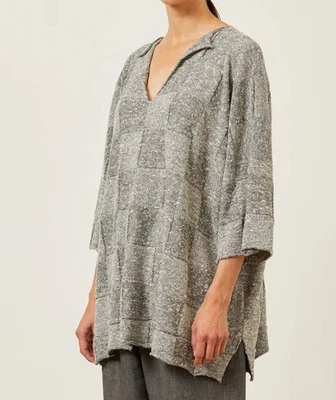 Suéter Eskandar NAVY MELANGE Peso Medio Lino Seda Sombra Cuadrado 34" Largo Foto 1 de 4